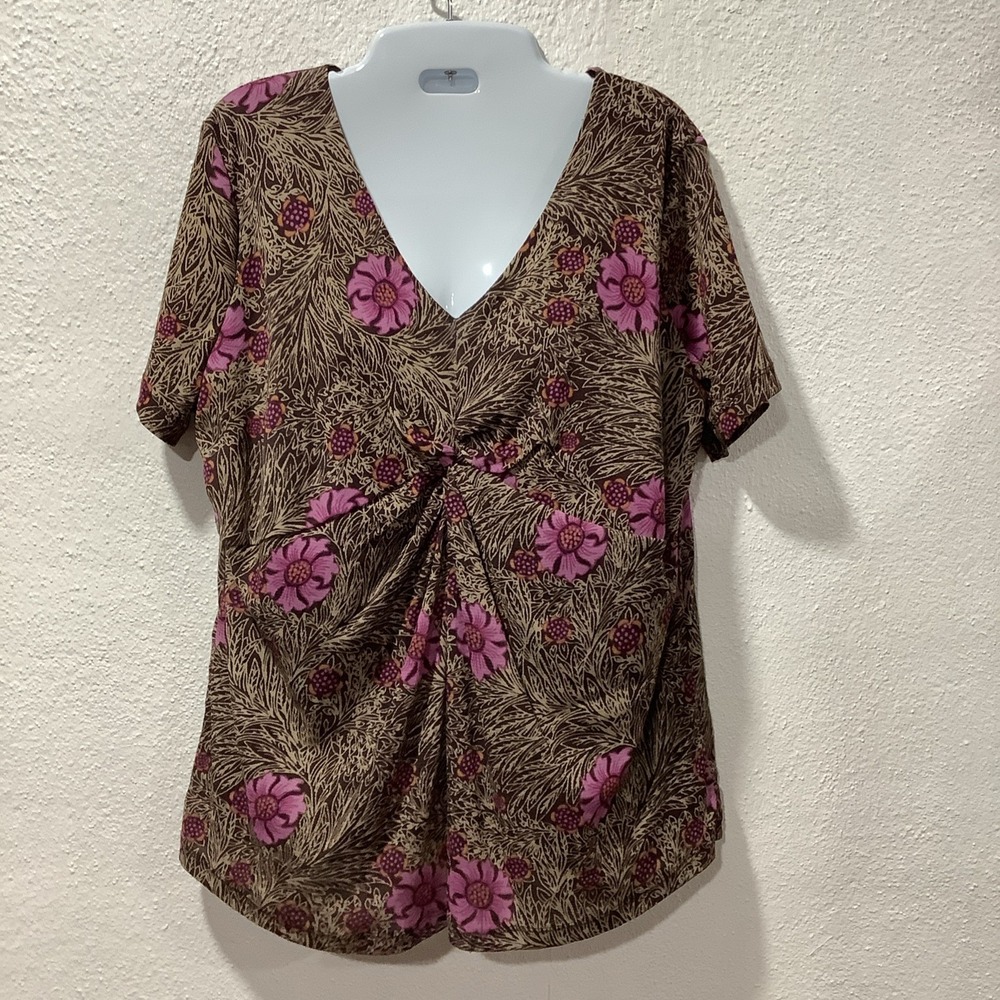 Jaclyn Smith Womens Floral Babydoll Top Brown Pink V-Neck Y2K Blouse Size L